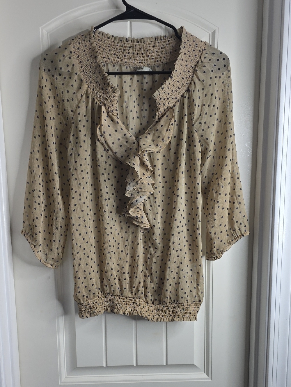 Old Navy Beige Polka Dot Ruffle Smocked Blouse